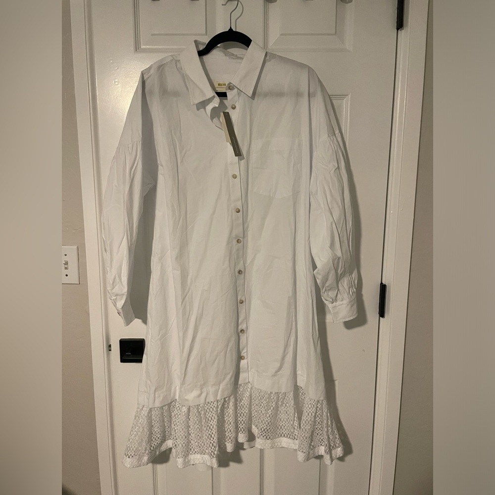Anthropologie Women's White Maeve Lace-Hem Smock Mini Shirt Dress L Size‎ NWT - Picture 2 of 8